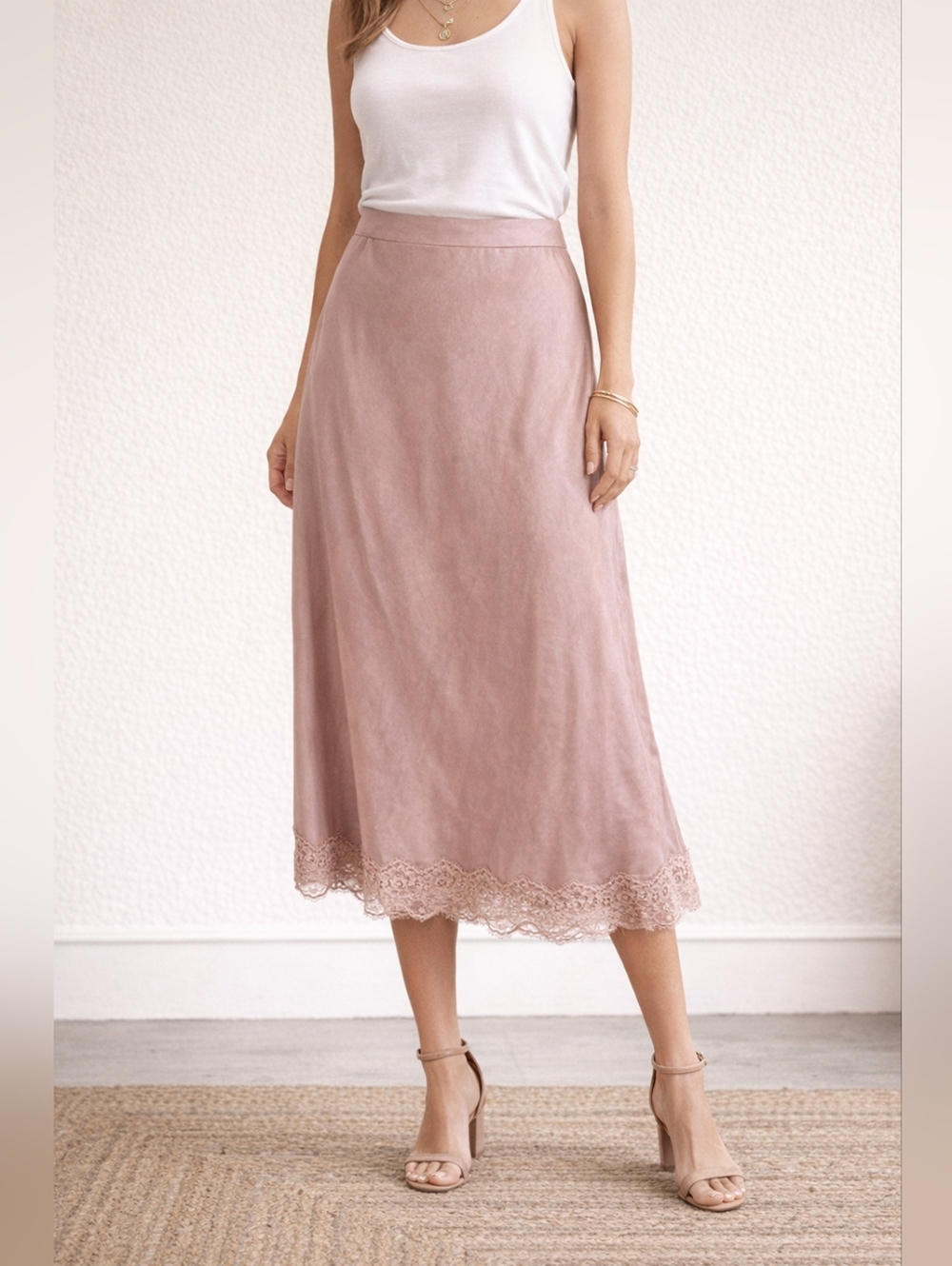 Silky Lace-Hem Midi Slip Skirt - Dusty Rose BRAND NEW.